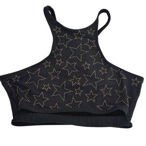 Beach Riot Crop Top Sports Bra Black Gold Star Studded High Neck‎ Bikini Small